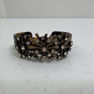 Rhinestone Faux Tortoise Shell Cuff Bracelet Starburst Gold Tone Art Deco‎